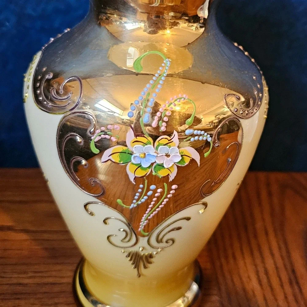 Vintage Bohemian Art Glass Mirror Gold Hand-Painted Raised Enamel Mid Century